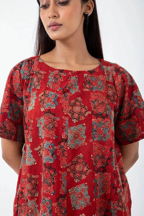 Inkriti "Zero-Waste" Block Printed Organic Cotton Dress - Atypical Red - Image 2