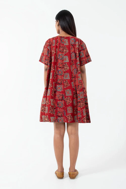 Inkriti "Zero-Waste" Block Printed Organic Cotton Dress - Atypical Red - Image 5