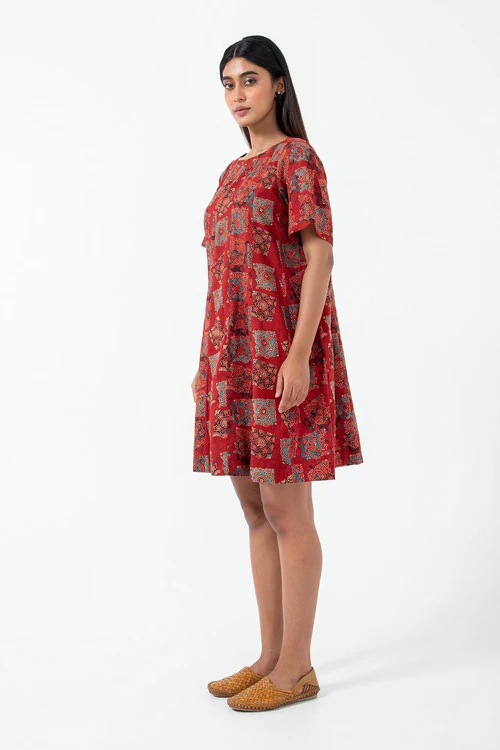 Inkriti "Zero-Waste" Block Printed Organic Cotton Dress - Atypical Red - Image 7
