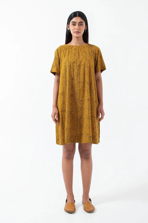 Inkriti "Zero-Waste" Block Printed Organic Cotton Dress - Ochre Silverlining - Image 3