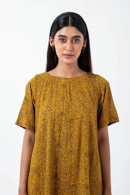 Inkriti "Zero-Waste" Block Printed Organic Cotton Dress - Ochre Silverlining - Image 5