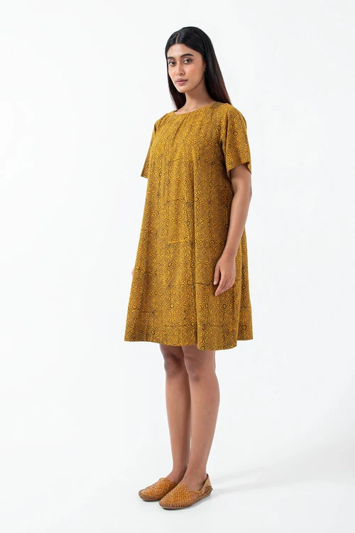 Inkriti "Zero-Waste" Block Printed Organic Cotton Dress - Ochre Silverlining - Image 7