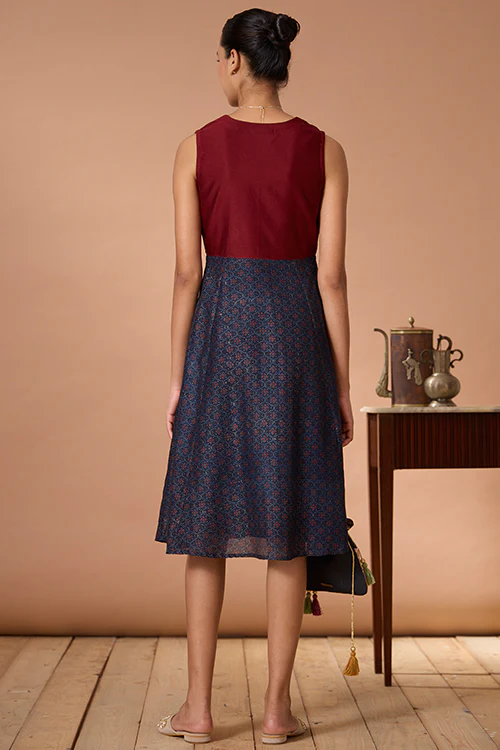 Okhai "Jaded Maiden" Handblock Printed Chanderi Silk Ajrakh Sleeveless Dress - Image 4