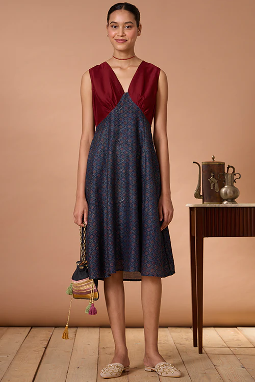 Okhai "Jaded Maiden" Handblock Printed Chanderi Silk Ajrakh Sleeveless Dress - Image 7