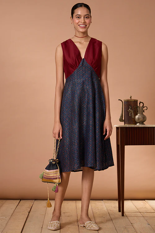 Okhai "Jaded Maiden" Handblock Printed Chanderi Silk Ajrakh Sleeveless Dress - Image 9