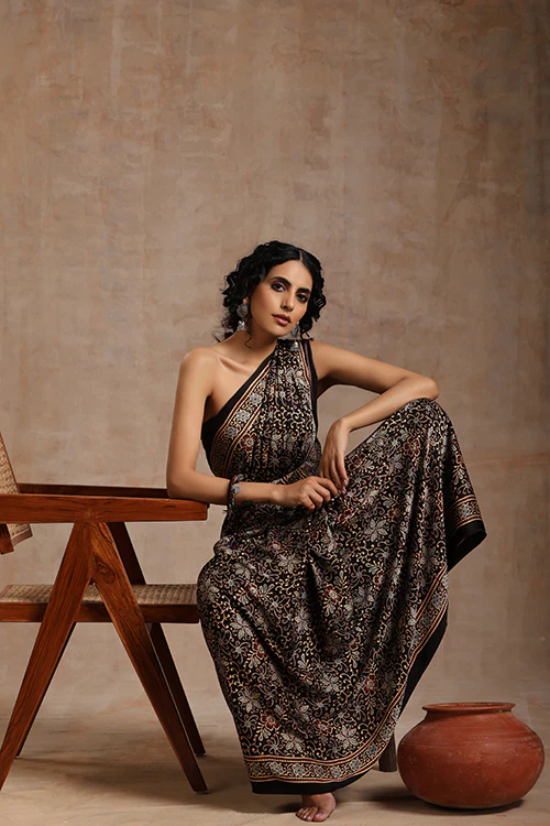 Jahangir Khatri - Black Ajrakh Modal Saree - Image 3