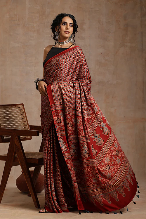 Jahangir Khatri - Red Ajrakh Modal Saree - Image 4