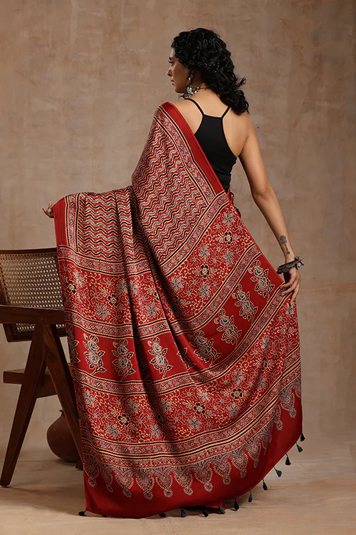 Jahangir Khatri - Red Ajrakh Modal Saree - Image 5