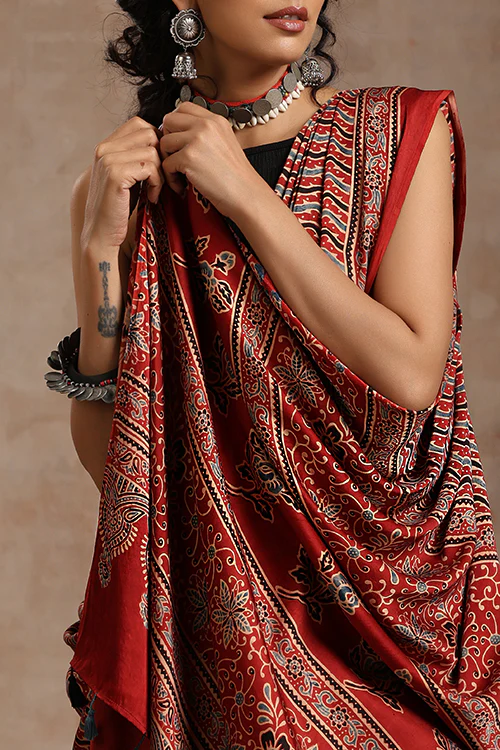 Jahangir Khatri - Red Ajrakh Modal Saree - Image 7
