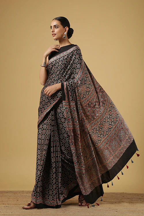 Jahangir Khatri - Black Ajrakh Modal Saree