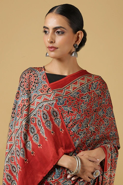 Jahangir Khatri - Red Ajrakh Modal Saree - Image 2
