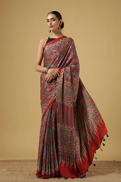 Jahangir Khatri - Red Ajrakh Modal Saree - Image 3