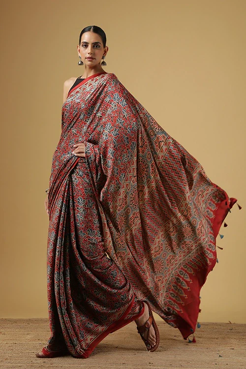 Jahangir Khatri - Red Ajrakh Modal Saree - Image 4