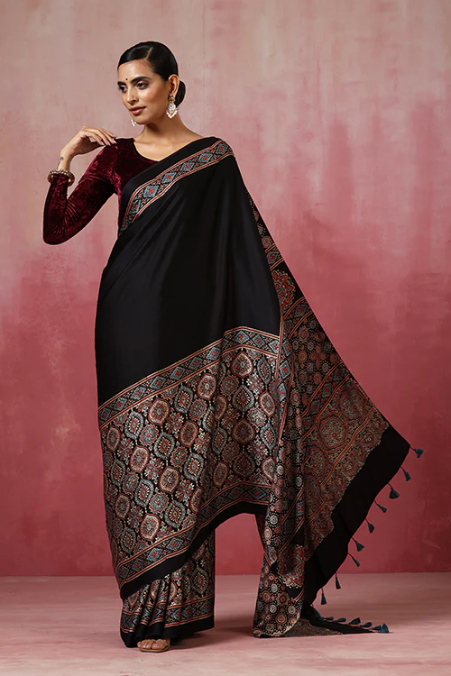 Jahangir Khatri - Black Ajrakh Modal Saree - Image 4