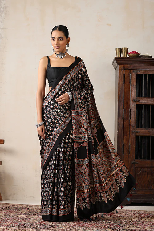 Jahangir Khatri - Black Ajrakh Modal Saree - Image 2