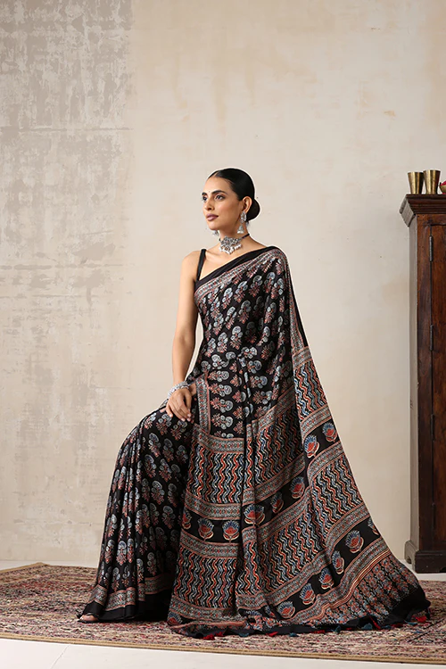 Jahangir Khatri - Black Ajrakh Modal Saree - Image 2