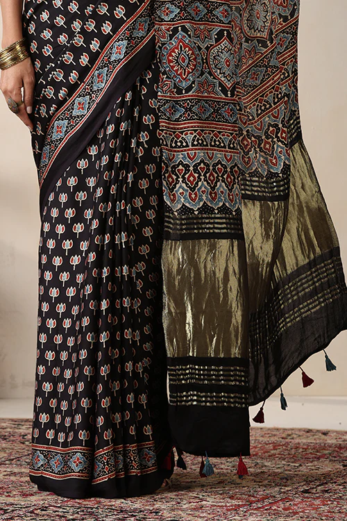 Jahangir Khatri - Black Ajrakh Modal Tissue Pallu Saree - Image 3