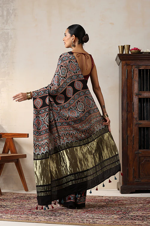 Jahangir Khatri - Black Ajrakh Modal Tissue Pallu Saree - Image 5