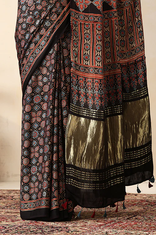 Jahangir Khatri - Black Ajrakh Modal Tissue Pallu Saree - Image 3