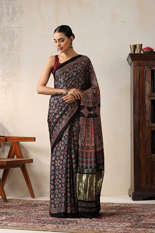 Jahangir Khatri - Black Ajrakh Modal Tissue Pallu Saree - Image 4