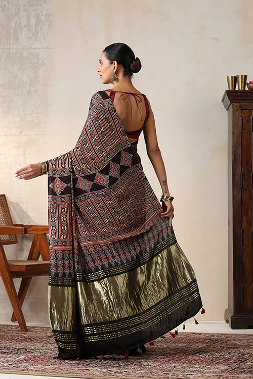 Jahangir Khatri - Black Ajrakh Modal Tissue Pallu Saree - Image 6
