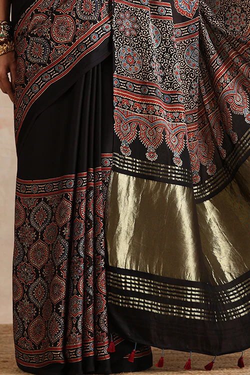 Jahangir Khatri - Black Ajrakh Modal Tissue Pallu Saree - Image 2