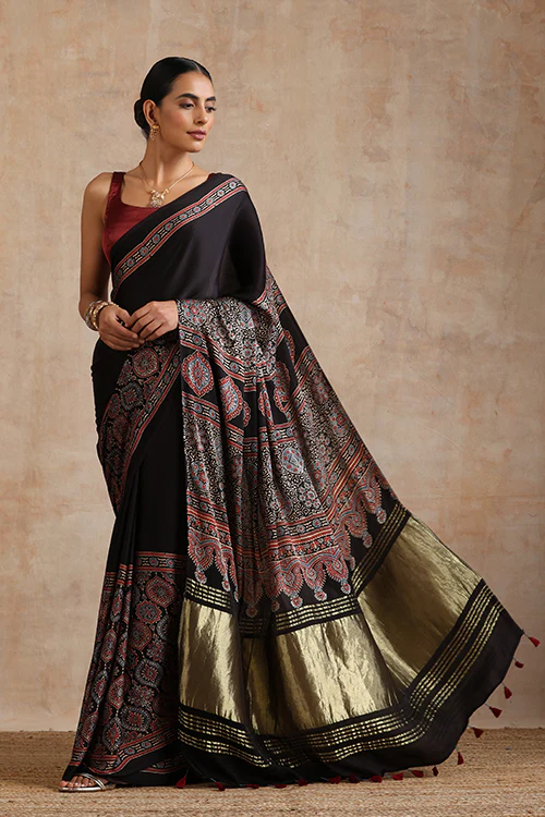 Jahangir Khatri - Black Ajrakh Modal Tissue Pallu Saree - Image 3