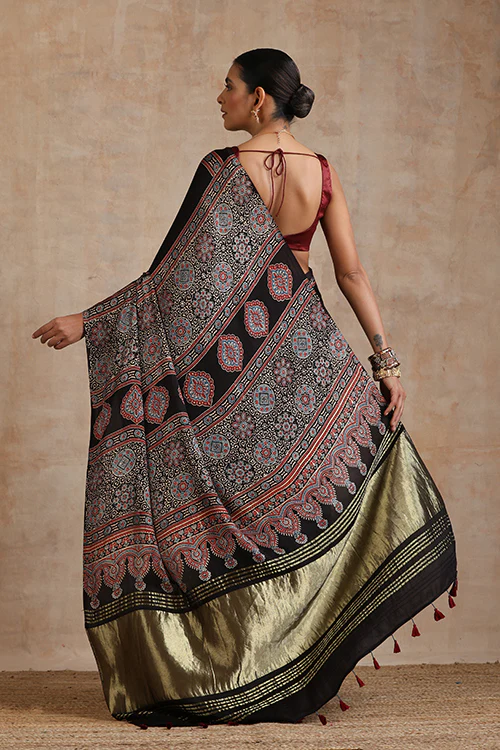 Jahangir Khatri - Black Ajrakh Modal Tissue Pallu Saree - Image 4