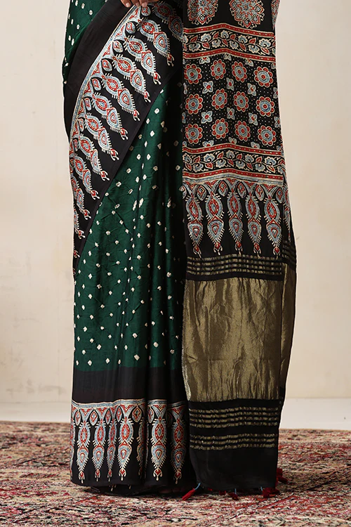 Jahangir Khatri - Black & Green Ajrakh & Bandhani Modal Tissue Pallu Saree - Image 2