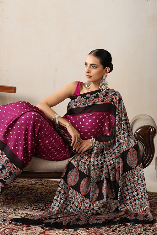 Jahangir Khatri - Black & Magenta Ajrakh & Bandhani Modal Saree - Image 5