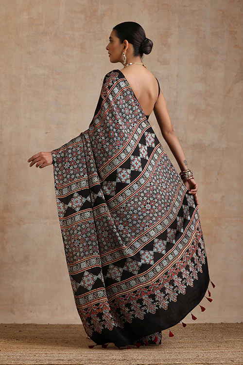 Jahangir Khatri - Black & Maroon Ajrakh & Bandhani Modal Saree - Image 5