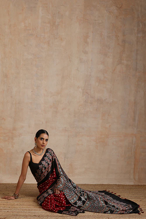 Jahangir Khatri - Black & Maroon Ajrakh & Bandhani Modal Saree - Image 6