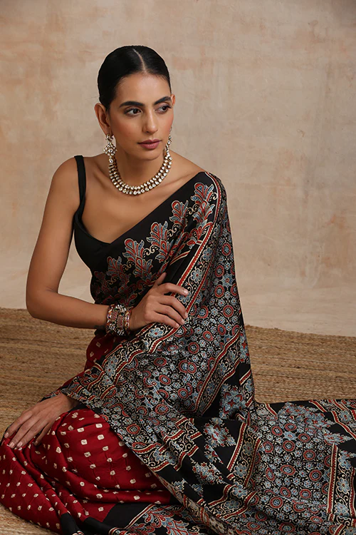Jahangir Khatri - Black & Maroon Ajrakh & Bandhani Modal Saree - Image 7