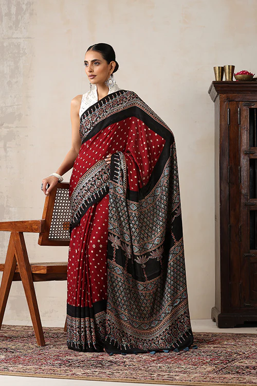 Jahangir Khatri - Black & Maroon Ajrakh & Bandhani Modal Saree - Image 6