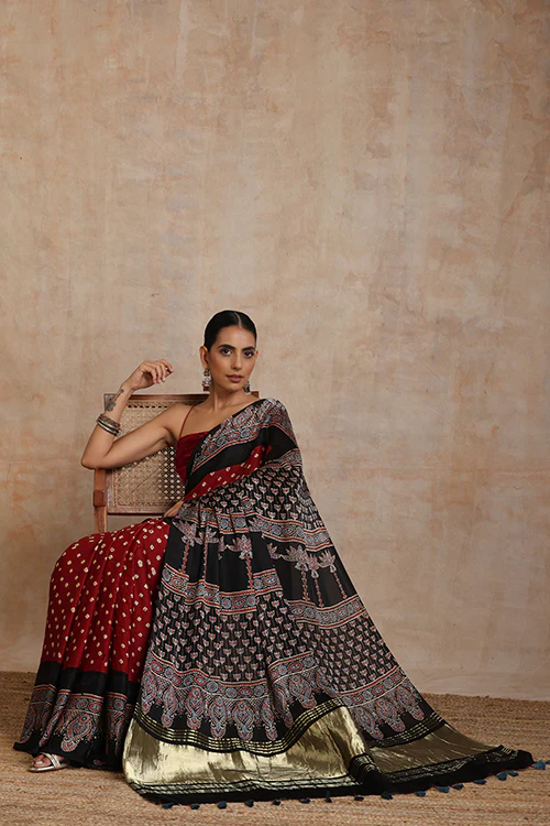 Jahangir Khatri - Black & Maroon Ajrakh & Bandhani Modal Tissue Pallu Saree - Image 4