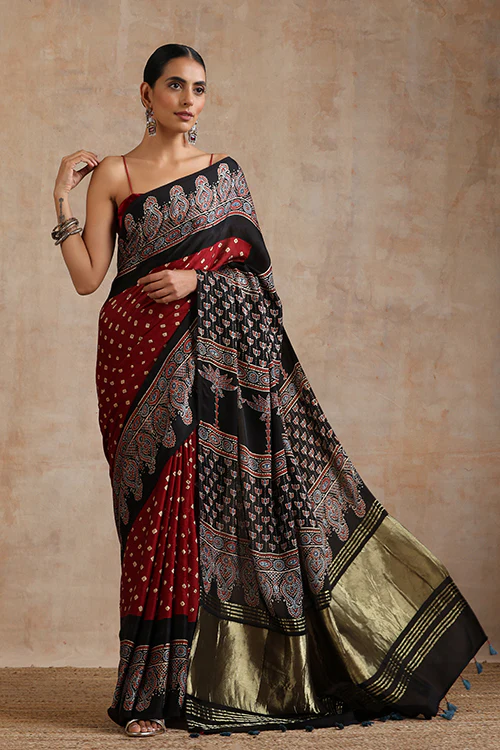 Jahangir Khatri - Black & Maroon Ajrakh & Bandhani Modal Tissue Pallu Saree - Image 6