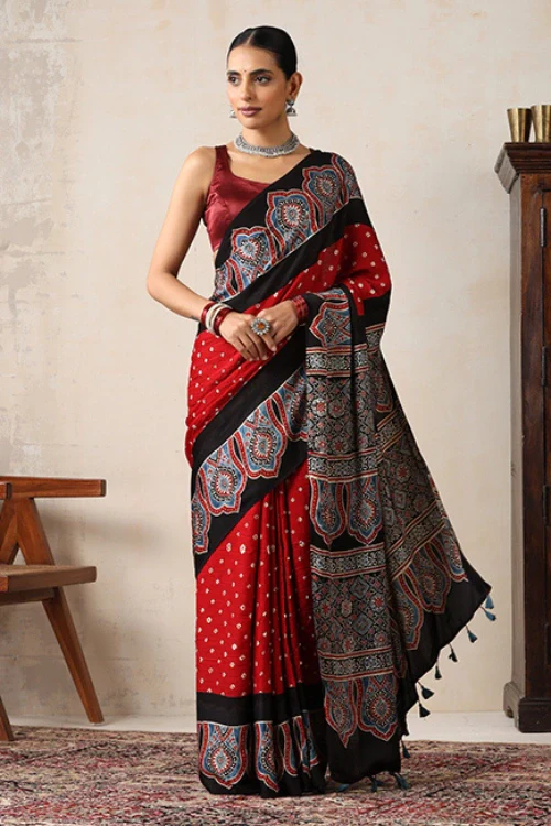 Jahangir Khatri - Black & Red Ajrakh & Bandhani Modal Saree