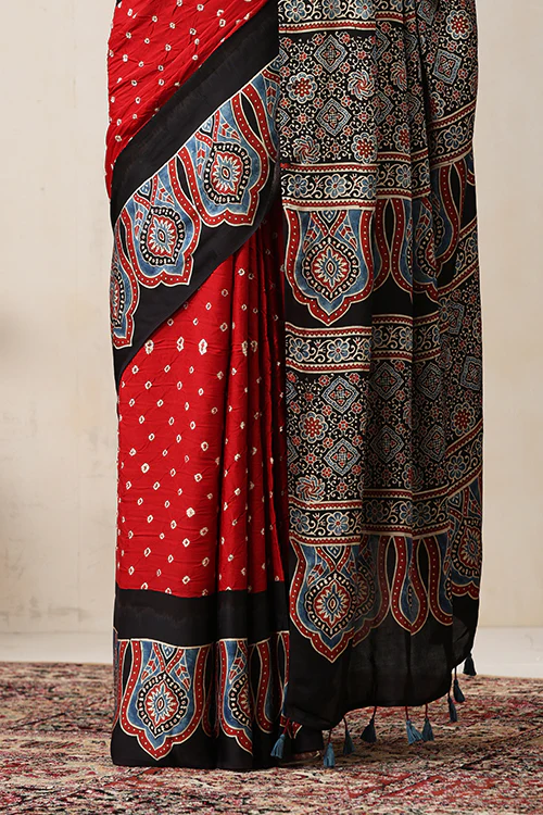 Jahangir Khatri - Black & Red Ajrakh & Bandhani Modal Saree - Image 2
