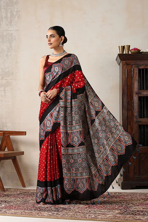 Jahangir Khatri - Black & Red Ajrakh & Bandhani Modal Saree - Image 3