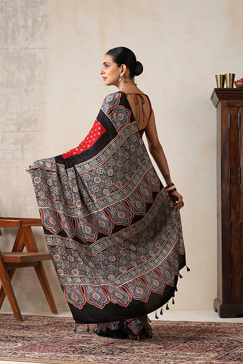 Jahangir Khatri - Black & Red Ajrakh & Bandhani Modal Saree - Image 4