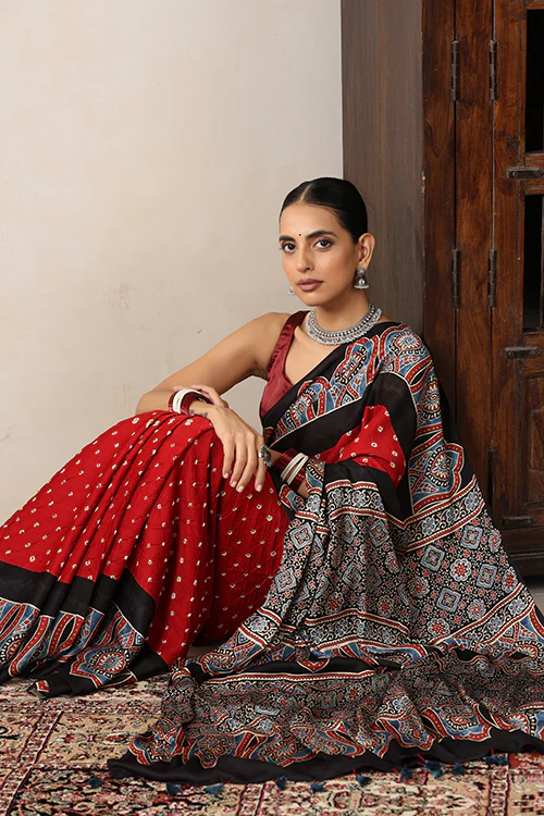 Jahangir Khatri - Black & Red Ajrakh & Bandhani Modal Saree - Image 5