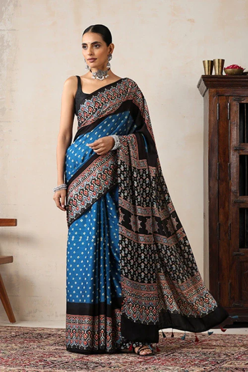 Jahangir Khatri - Black & Sky Blue Ajrakh & Bandhani Modal Saree