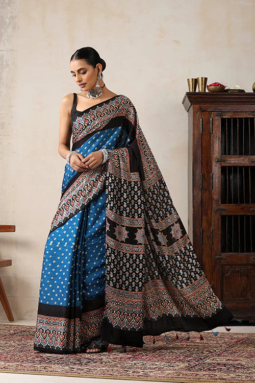 Jahangir Khatri - Black & Sky Blue Ajrakh & Bandhani Modal Saree - Image 4