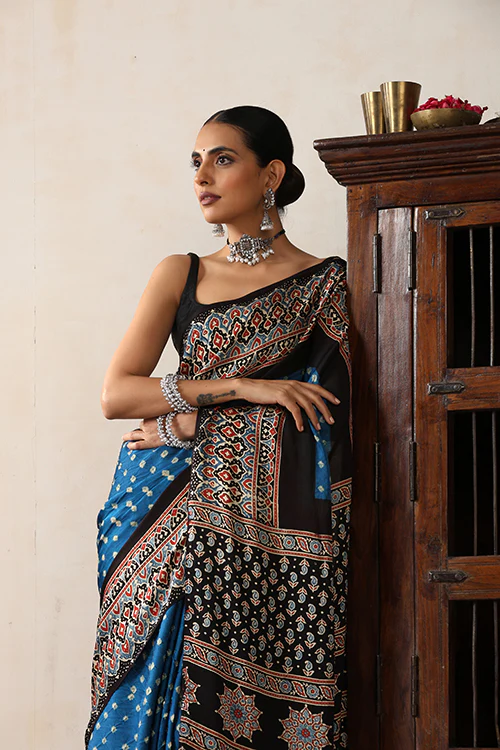 Jahangir Khatri - Black & Sky Blue Ajrakh & Bandhani Modal Saree - Image 6