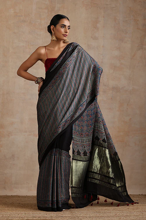 Jahangir Khatri - Indigo Blue Ajrakh Modal Tissue Pallu Saree