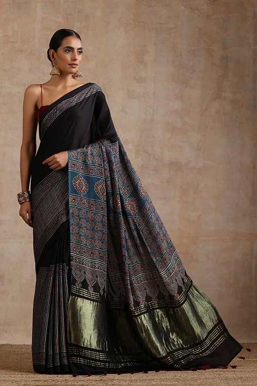 Jahangir Khatri - Indigo Blue Ajrakh Modal Tissue Pallu Saree - Image 5