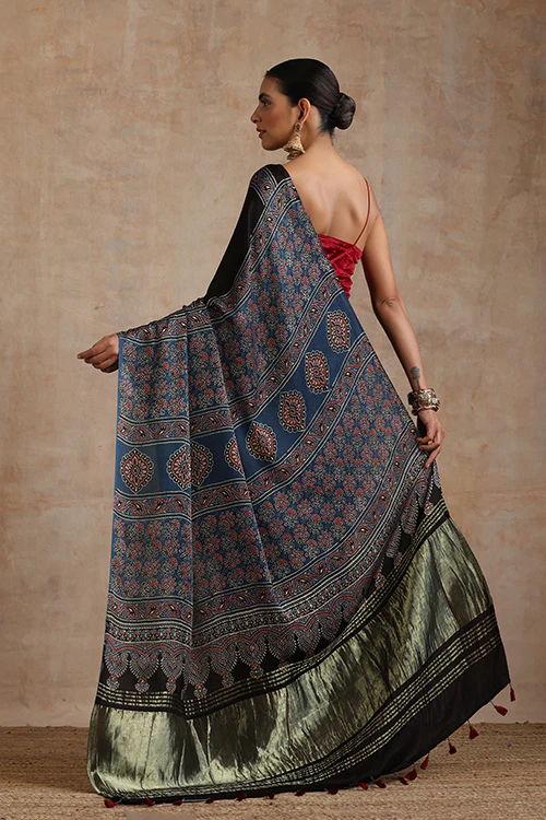 Jahangir Khatri - Indigo Blue Ajrakh Modal Tissue Pallu Saree - Image 6