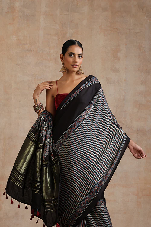 Jahangir Khatri - Indigo Blue Ajrakh Modal Tissue Pallu Saree - Image 7