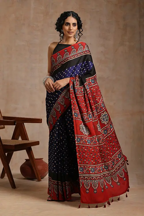 Jahangir Khatri - Red & Navy Blue Ajrakh & Bandhani Modal Saree