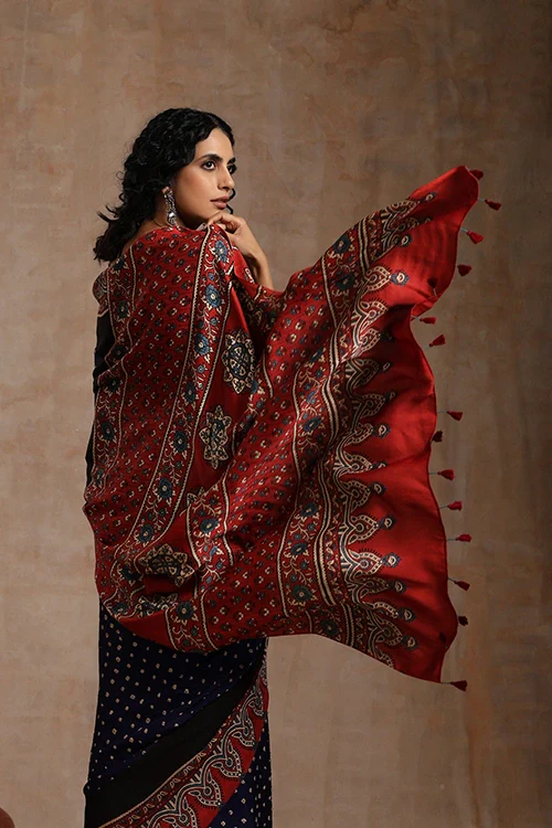 Jahangir Khatri - Red & Navy Blue Ajrakh & Bandhani Modal Saree - Image 7